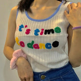 Plain Embroidered Cute Round Neck Candy Crop Top